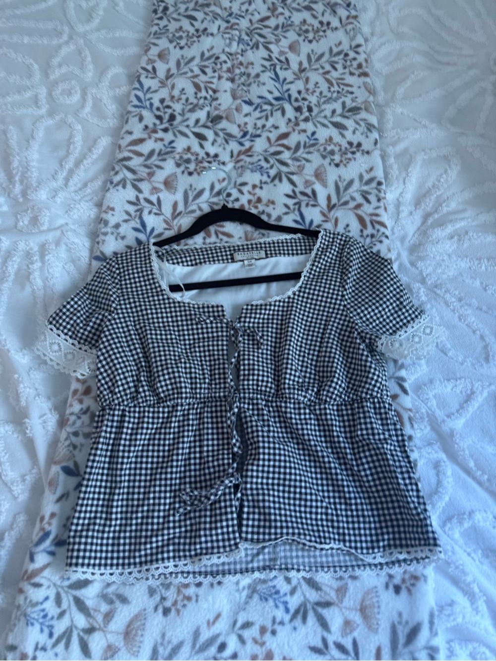 bagatelle Black & White Gingham Tie-Front Top with Lace